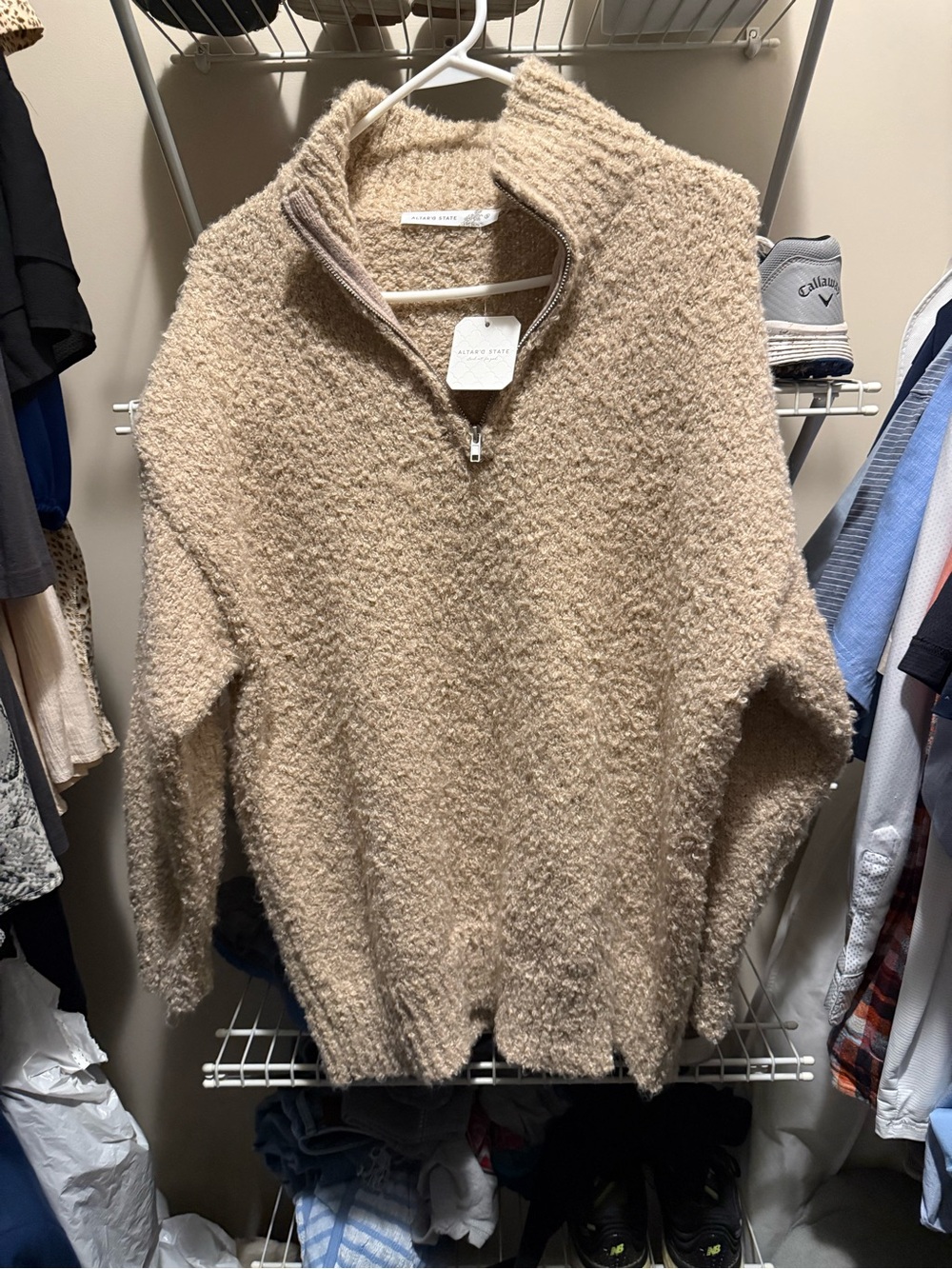 Altar'd State Men's Bouclé Half-Zip Sweater in Tan